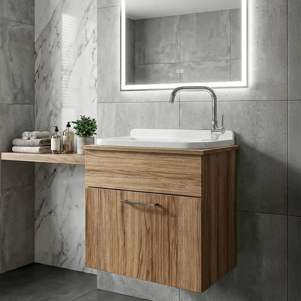 Mobile Lavatoio sospeso Nobilitato Rovere con 1 sportello e lavabo in resina lavanderia bagno
