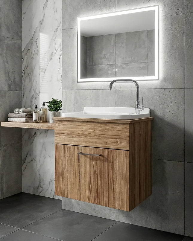 Mobile Lavatoio sospeso Nobilitato Rovere con 1 sportello e lavabo in resina lavanderia bagno