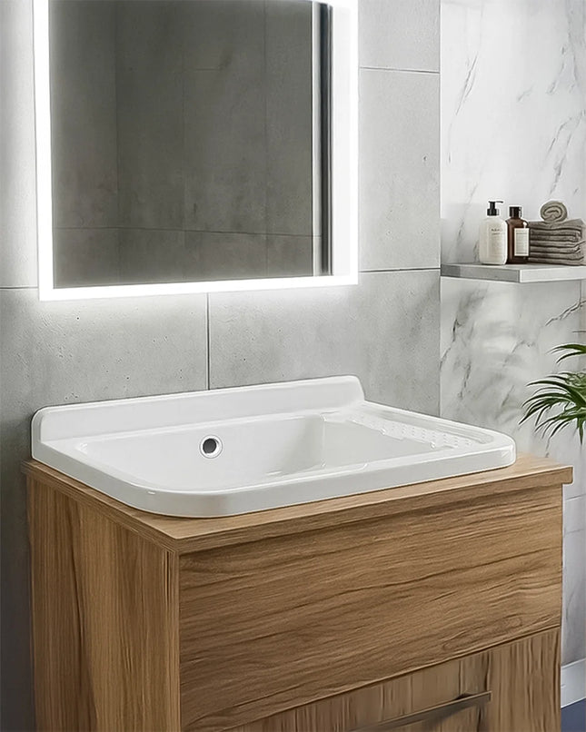 Mobile Lavatoio sospeso Nobilitato Rovere con 1 sportello e lavabo in resina lavanderia bagno