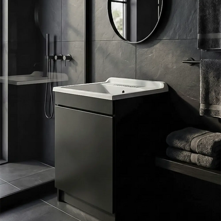 Mobile Lavatoio in legno Nobilitato Nero con uno sportello e pilozzo lavabo in resina x lavanderia bagno