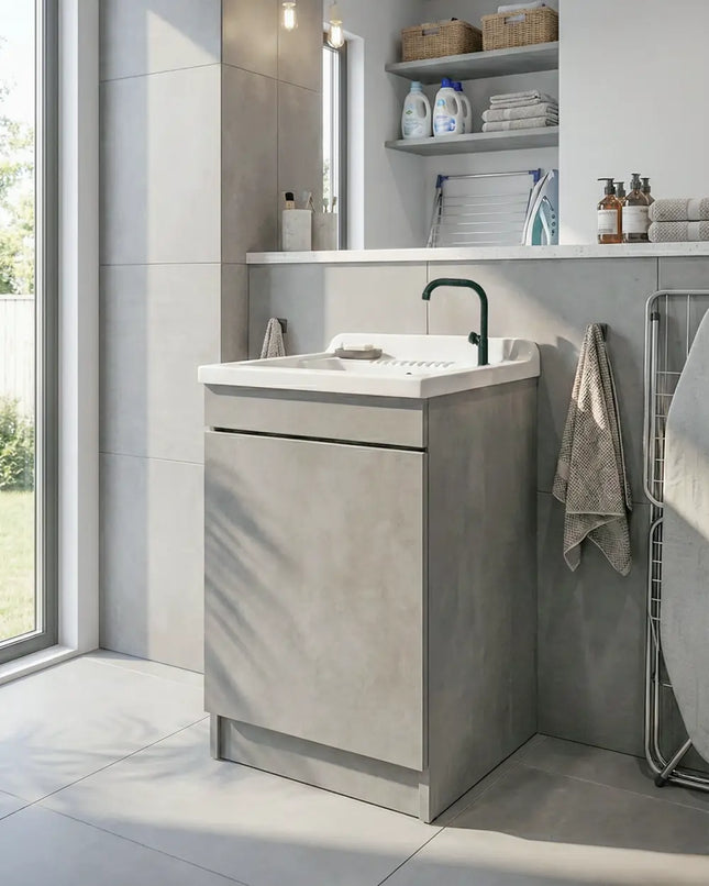 Mobile Lavatoio in legno Nobilitato Grigio Cemento con pilozzo lavabo in resina x lavanderia bagno