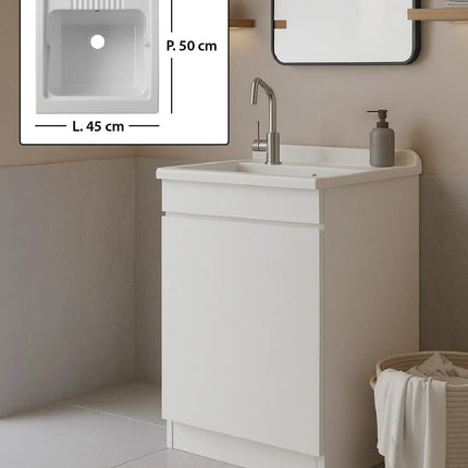 Mobile Lavatoio in legno Nobilitato Bianco con uno sportello e pilozzo lavabo in resina x lavanderia bagno