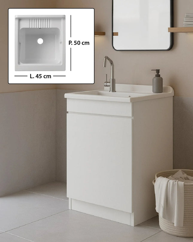 Mobile Lavatoio in legno Nobilitato Bianco con uno sportello e pilozzo lavabo in resina x lavanderia bagno