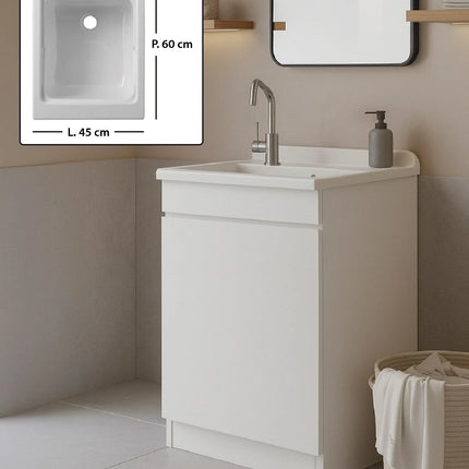 Mobile Lavatoio in legno Nobilitato Bianco con uno sportello e pilozzo lavabo in resina x lavanderia bagno