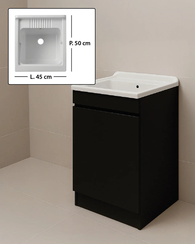 Mobile Lavatoio in legno Nobilitato Nero con uno sportello e pilozzo lavabo in resina x lavanderia bagno