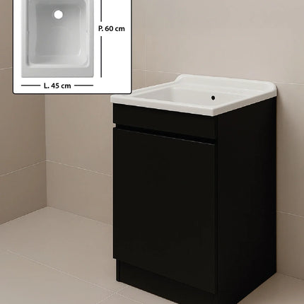 Mobile Lavatoio in legno Nobilitato Nero con uno sportello e pilozzo lavabo in resina x lavanderia bagno