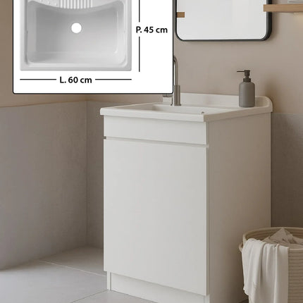 Mobile Lavatoio in legno Nobilitato Bianco con uno sportello e pilozzo lavabo in resina x lavanderia bagno