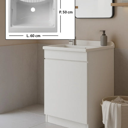 Mobile Lavatoio in legno Nobilitato Bianco con uno sportello e pilozzo lavabo in resina x lavanderia bagno
