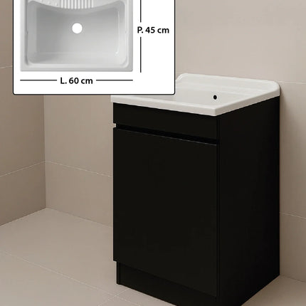Mobile Lavatoio in legno Nobilitato Nero con uno sportello e pilozzo lavabo in resina x lavanderia bagno