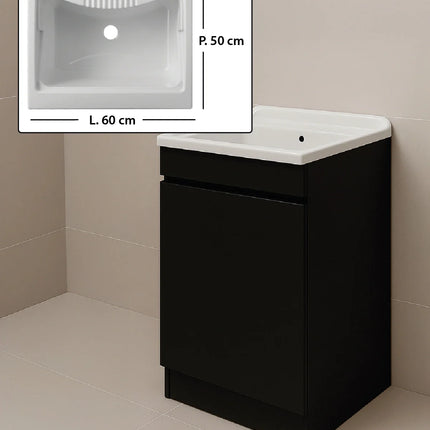 Mobile Lavatoio in legno Nobilitato Nero con uno sportello e pilozzo lavabo in resina x lavanderia bagno