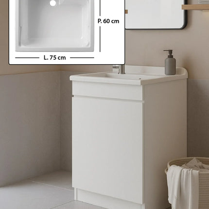 Mobile Lavatoio in legno Nobilitato Bianco con uno sportello e pilozzo lavabo in resina x lavanderia bagno