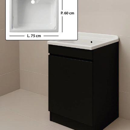 Mobile Lavatoio in legno Nobilitato Nero con uno sportello e pilozzo lavabo in resina x lavanderia bagno