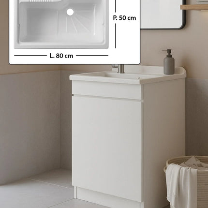 Mobile Lavatoio in legno Nobilitato Bianco con uno sportello e pilozzo lavabo in resina x lavanderia bagno