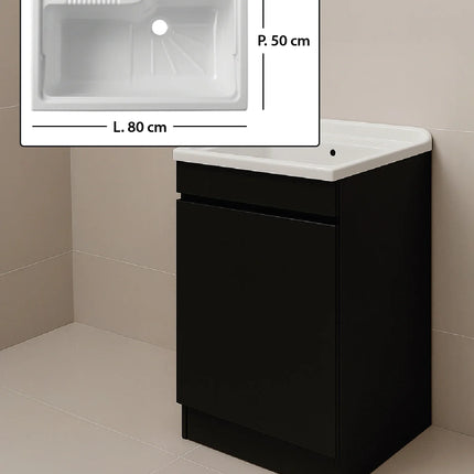 Mobile Lavatoio in legno Nobilitato Nero con uno sportello e pilozzo lavabo in resina x lavanderia bagno