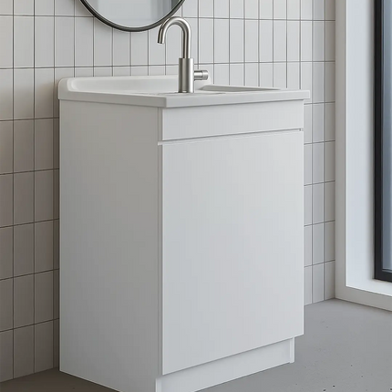 Mobile Lavatoio in legno Nobilitato Bianco con uno sportello e pilozzo lavabo in resina x lavanderia bagno