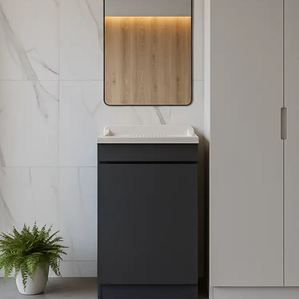 Mobile Lavatoio in legno Nobilitato Grigio con uno sportello e pilozzo lavabo in resina x lavanderia bagno