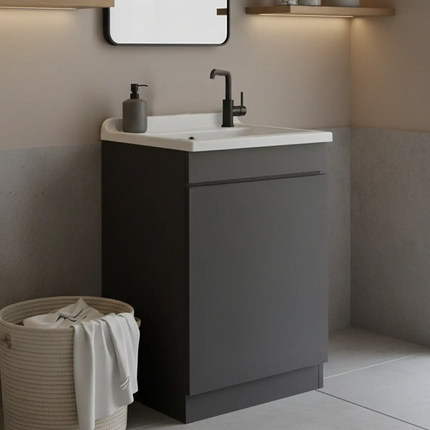 Mobile Lavatoio in legno Nobilitato Grigio con uno sportello e pilozzo lavabo in resina x lavanderia bagno