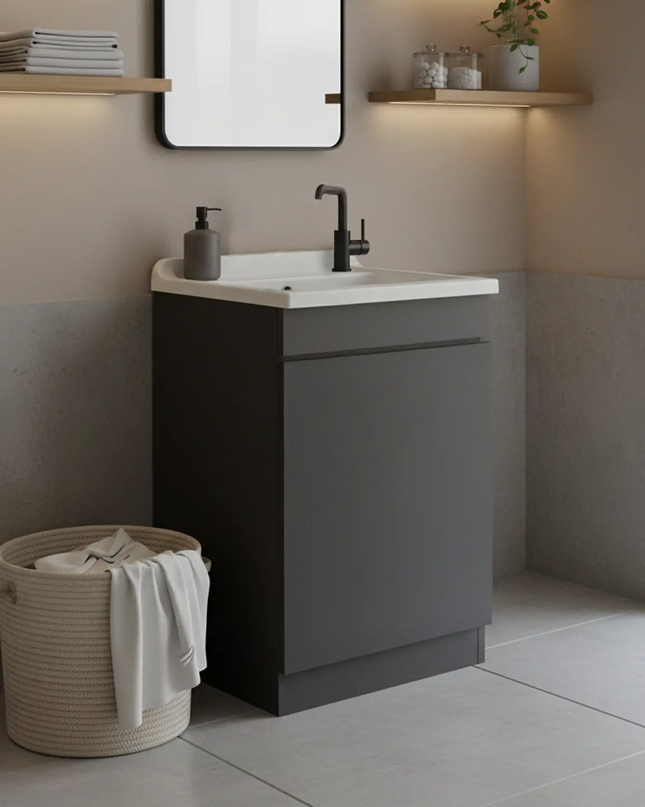 Mobile Lavatoio in legno Nobilitato Grigio con uno sportello e pilozzo lavabo in resina x lavanderia bagno