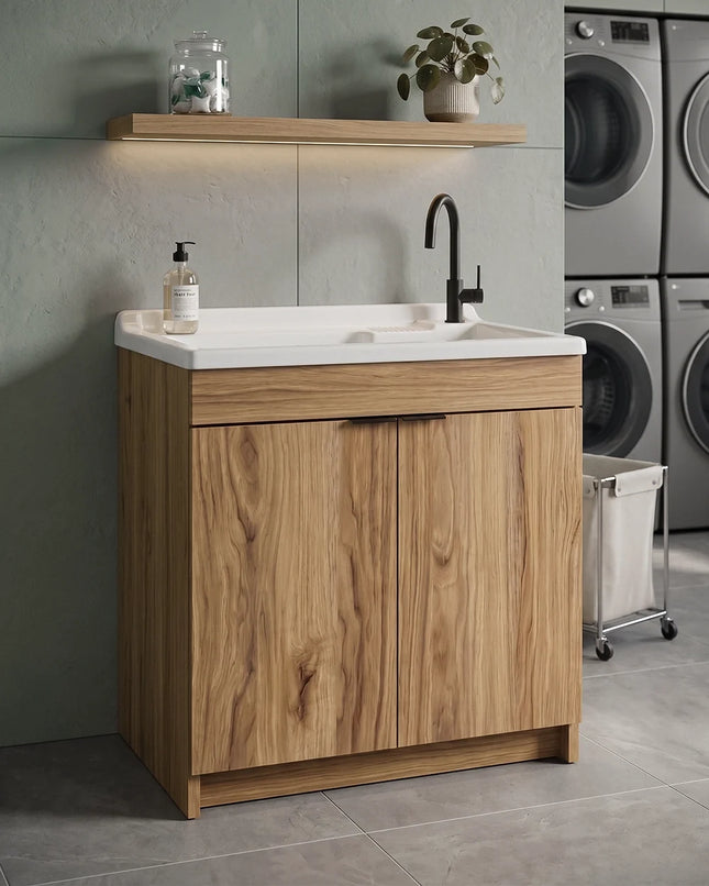Mobile Lavatoio in legno Nobilitato Rovere Maryland e 2 sportelli e pilozzo lavabo in resina x lavanderia bagno