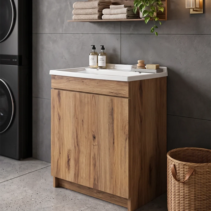 Mobile Lavatoio in legno Nobilitato Rovere Maryland con uno sportello e pilozzo lavabo in resina x lavanderia bagno