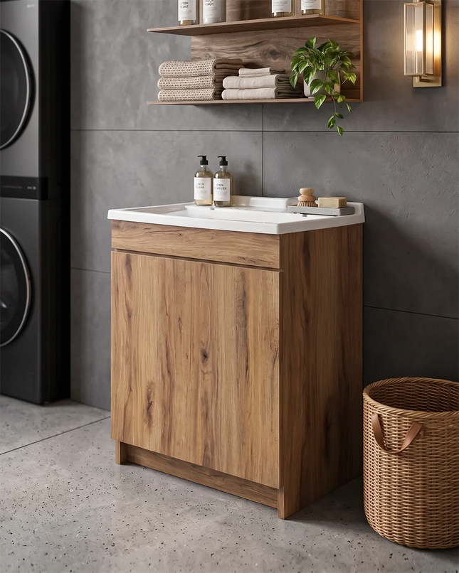 Mobile Lavatoio in legno Nobilitato Rovere Maryland con uno sportello e pilozzo lavabo in resina x lavanderia bagno