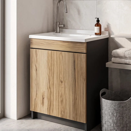 Mobile Lavatoio in legno Nobilitato Rovere e Grigio con sportello e pilozzo lavabo in resina x lavanderia bagno