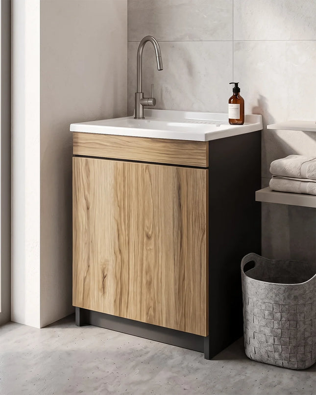 Mobile Lavatoio in legno Nobilitato Rovere e Grigio con sportello e pilozzo lavabo in resina x lavanderia bagno
