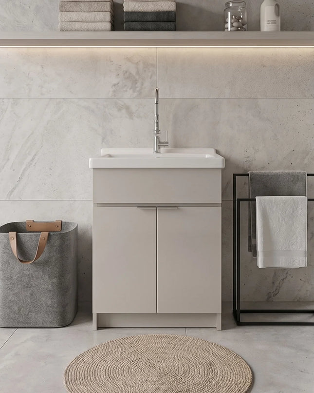 Mobile Lavatoio Tortora Vasca Ceramica L60 x P50 Due Ante Legno Nobilitato Già Montato