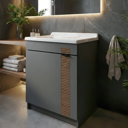 Mobile Lavatoio in legno Nobilitato Grigio con uno sportello decorato e pilozzo lavabo in resina x lavanderia bagno