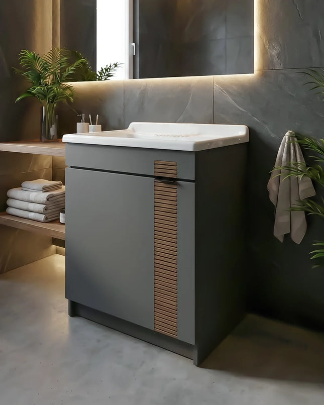 Mobile Lavatoio in legno Nobilitato Grigio con uno sportello decorato e pilozzo lavabo in resina x lavanderia bagno