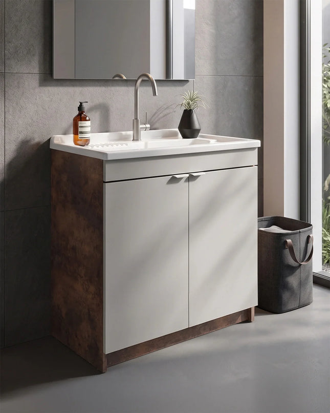 Mobile Lavatoio in legno Nobilitato L 80 x P 50 Bronze e Light Stone Grey con 2 sportelli e pilozzo lavabo in resina x lavanderia bagno